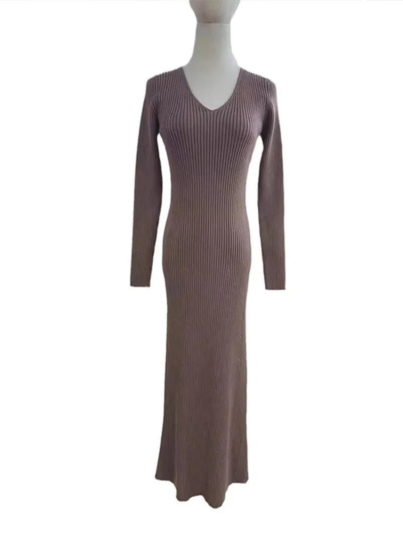 Solid Knitted Ribbed Long Dress Women Slim V-neck Long Sleeve Elegant Female Dresses 2024 Autumn Lady Casual High Street Robes