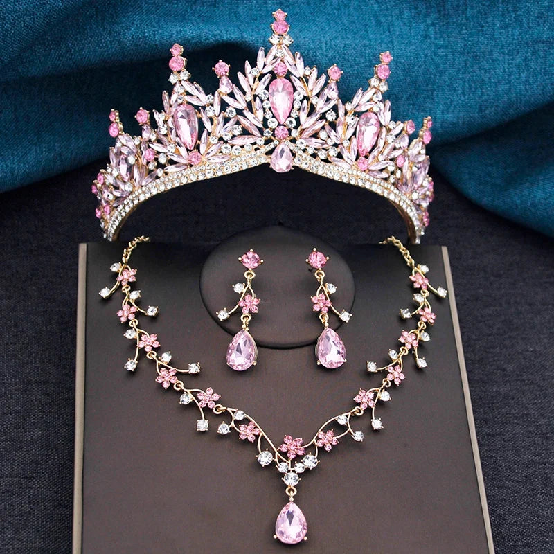 Baroque Wedding Crown for Bride 3-Pack Tiara Earrings Necklace Bridal