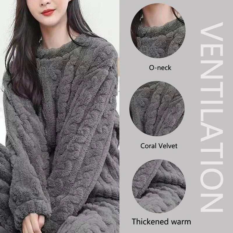 Thickened Warm Autumn and Winter Flannel Pajamas Women Long-Sleeved Loungewear