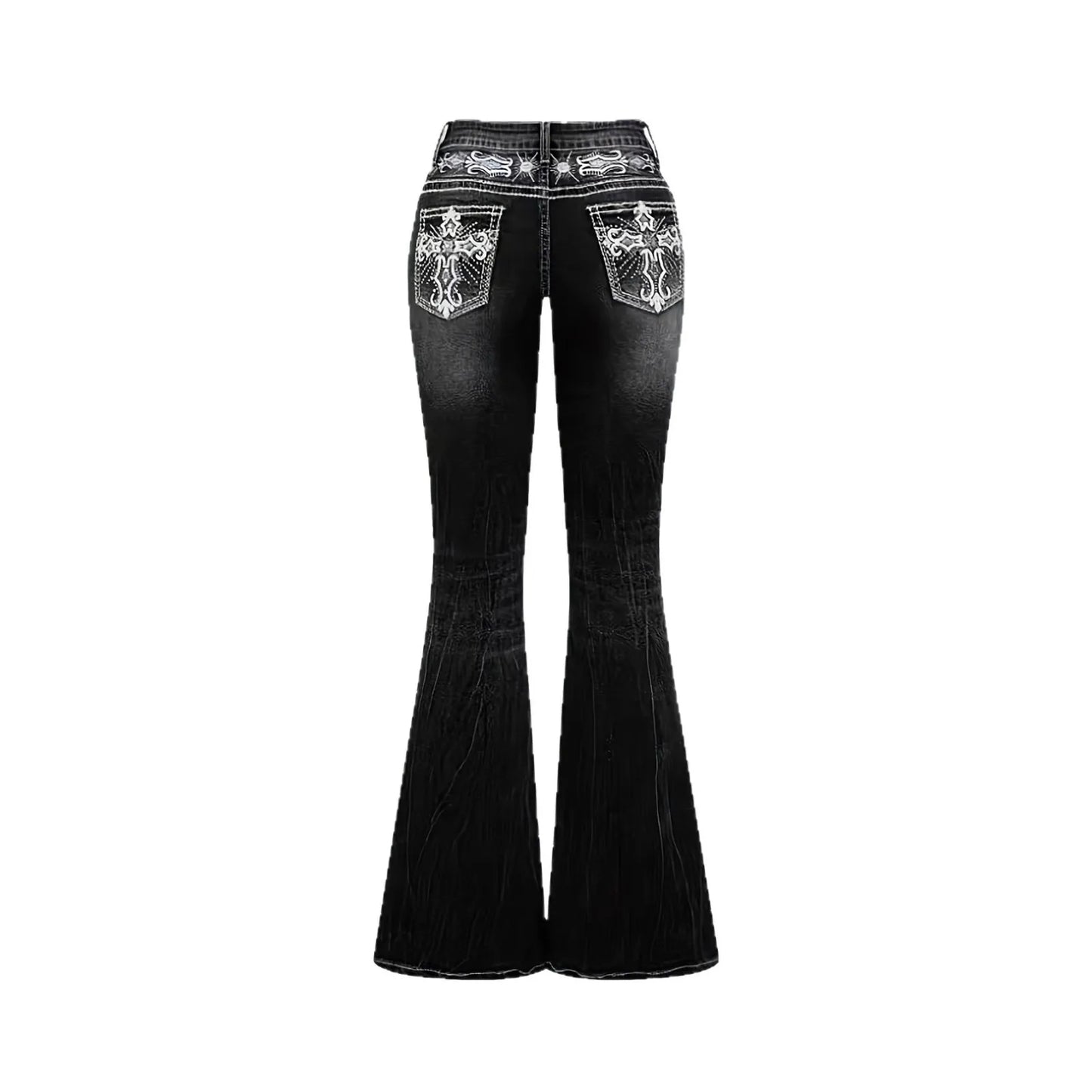 2026Trendy Y2K Style Flare Jeans for Women Dark Wash Skinny Fit with Rhinestone Embroidery Pocket Streetwear Casual Denim