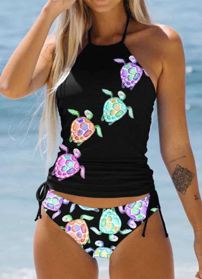 Summer New High Elastic Bikini Set Small Turtle Print Two Piece Set Lace Up Sexy Women's Beach Swimsuit S-6XL