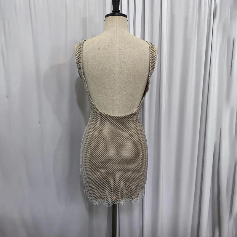 NIDANSSI 2025 Diamonds Glitter Backless Sexy Dress For Women Robes Evening Club Party Dress Bodycon Mini Summer Dress Vestidos