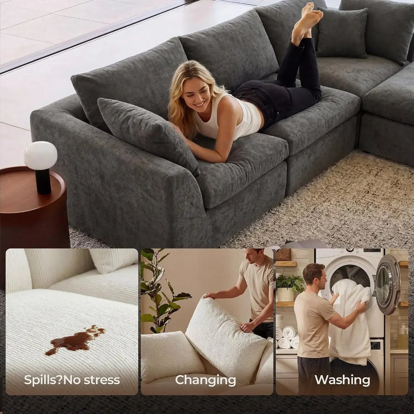 108" Cloud Sectional Couch with 2 Washable Cover Sets | L-Shaped Modular Sofa with Ottoman, Deep Seat Couch for living room