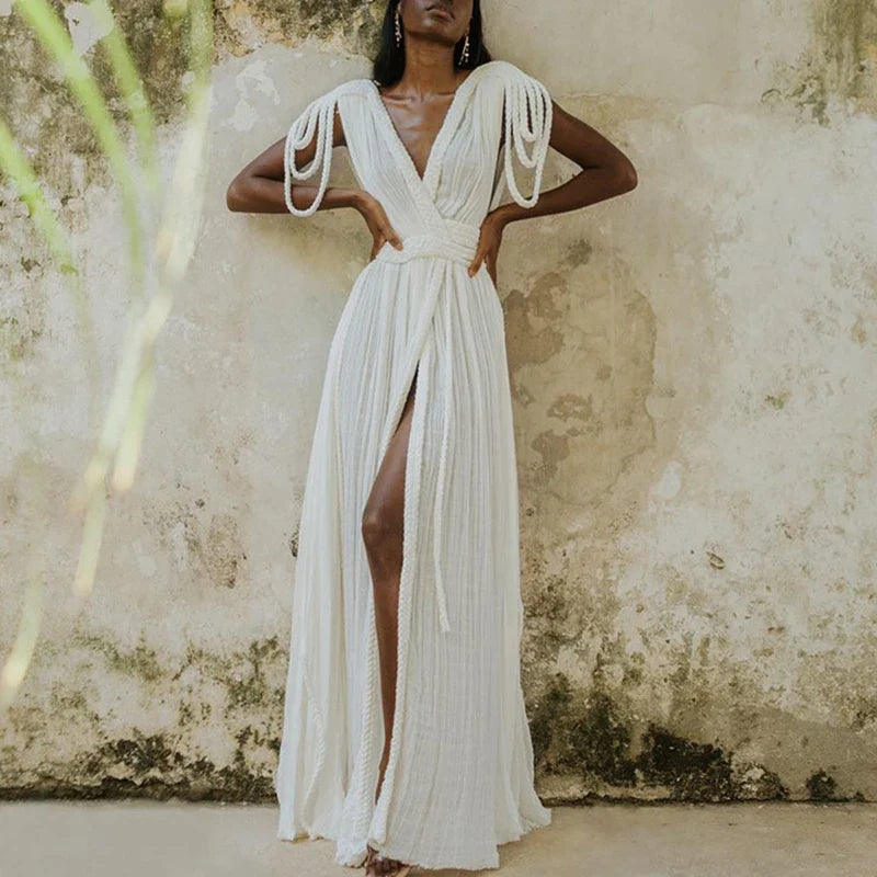 Sexy Deep V-neck Bandage Robe Long Dress 2024 Women Elegant High Waist Split Solid Party Dress Summer Fashion Pleated Maxi Dress