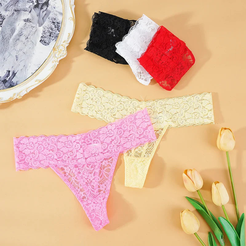 3PCS Lace Floral Women Panties ,Low Waist Breathable Briefs Female Thong Underwear M-2XL Sexy G-String Transparent Panty.