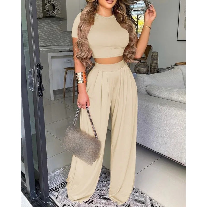 Spring Summer Flower Print Slim Suit Women Sexy O-Neck Short Sleeve Short T-shirt Top High Waist Wide Leg Pants Trousers Suit