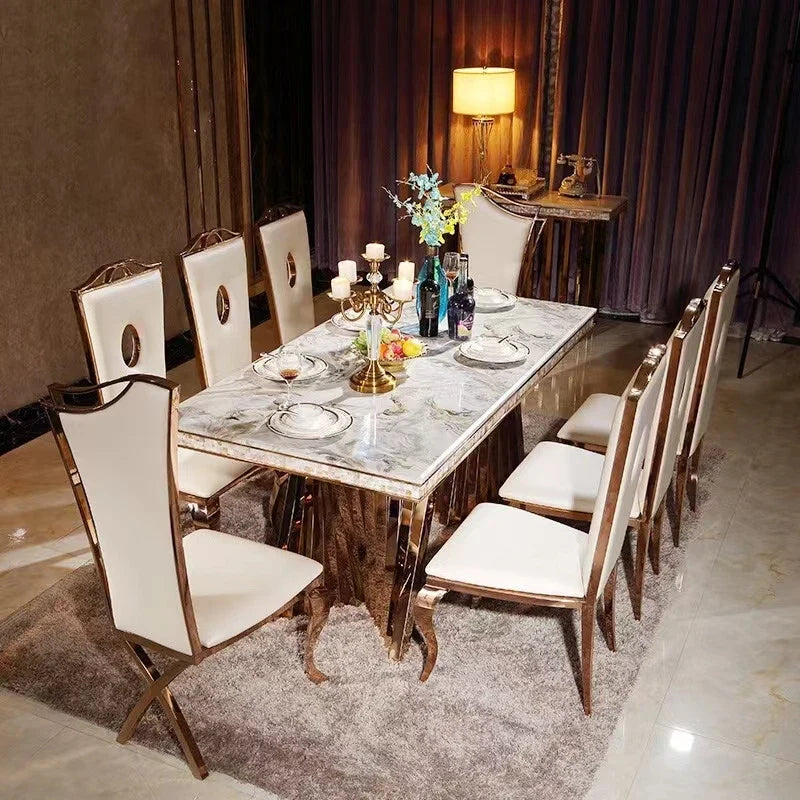 Luxury Dining Set: 6 Stainless Steel Genuine Leather, Rectangle Marble  Table