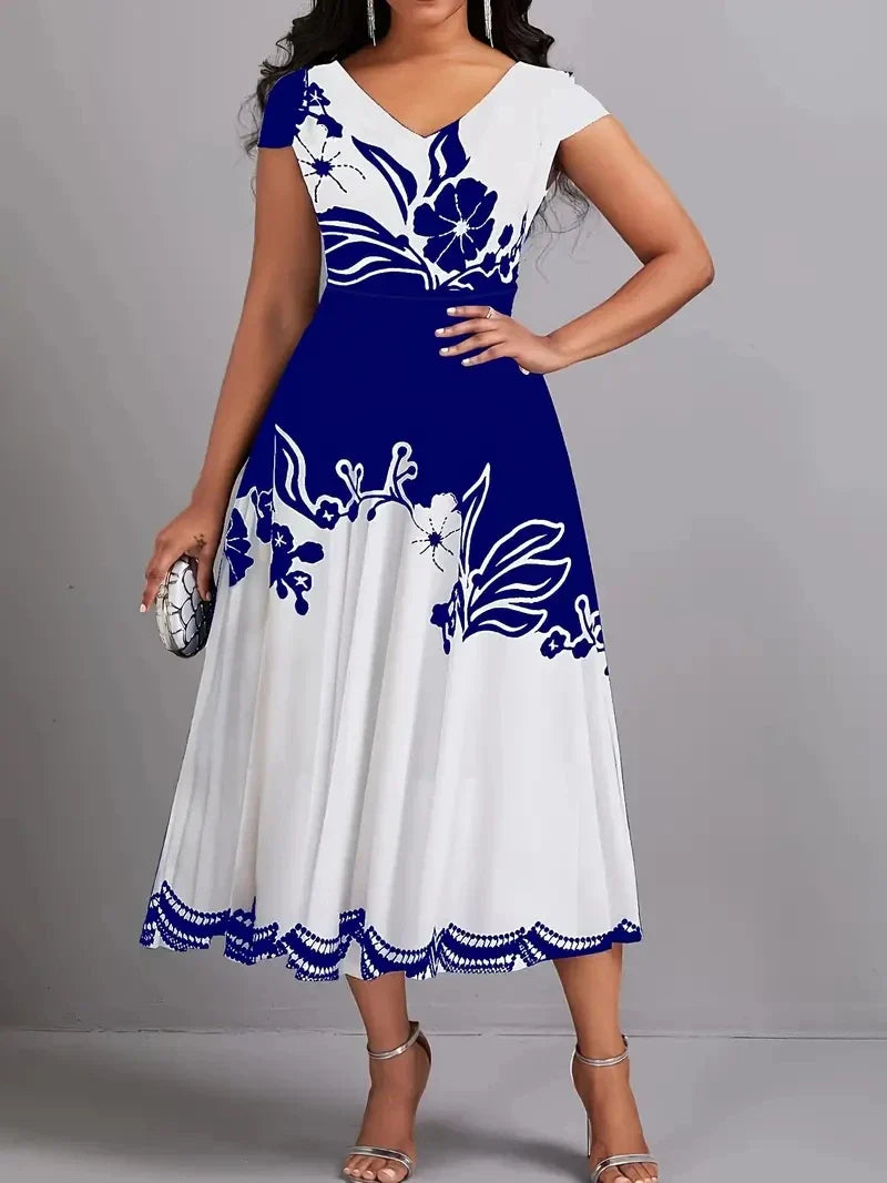 Plus Size Peplum Floral Print Dress - Elegant V-Neck, Short Sleeves, Scalloped Hem, Zipper Closure,
