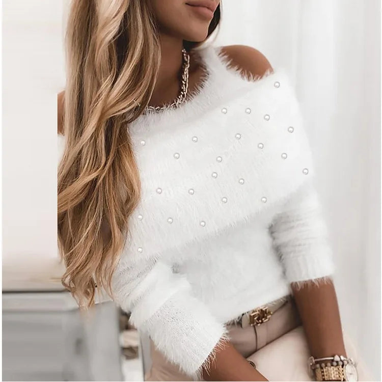 New White Sweater Women V Neck Lace Stitching Hollow Out Long Sleeves Fashion Loose Sweaters Elegant High Quality Tops