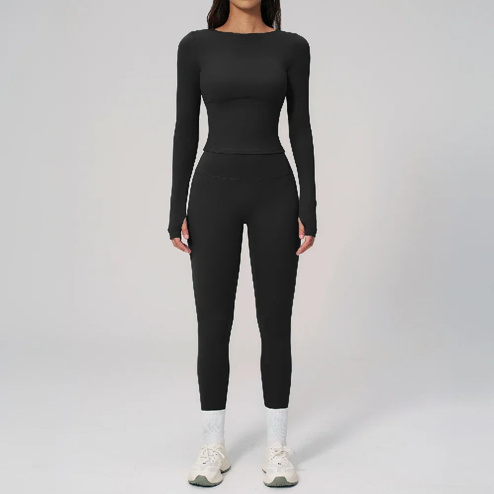 Two Pieces Yoga Set Slim Long Sleeved Gym Set High Elasticity Leggings Sportswear Women's Fitness Cycling Pilates Sports Suits
