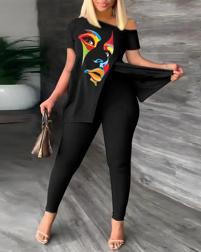 Spring Summer Printing Fashion New Suit 2-piece set Women