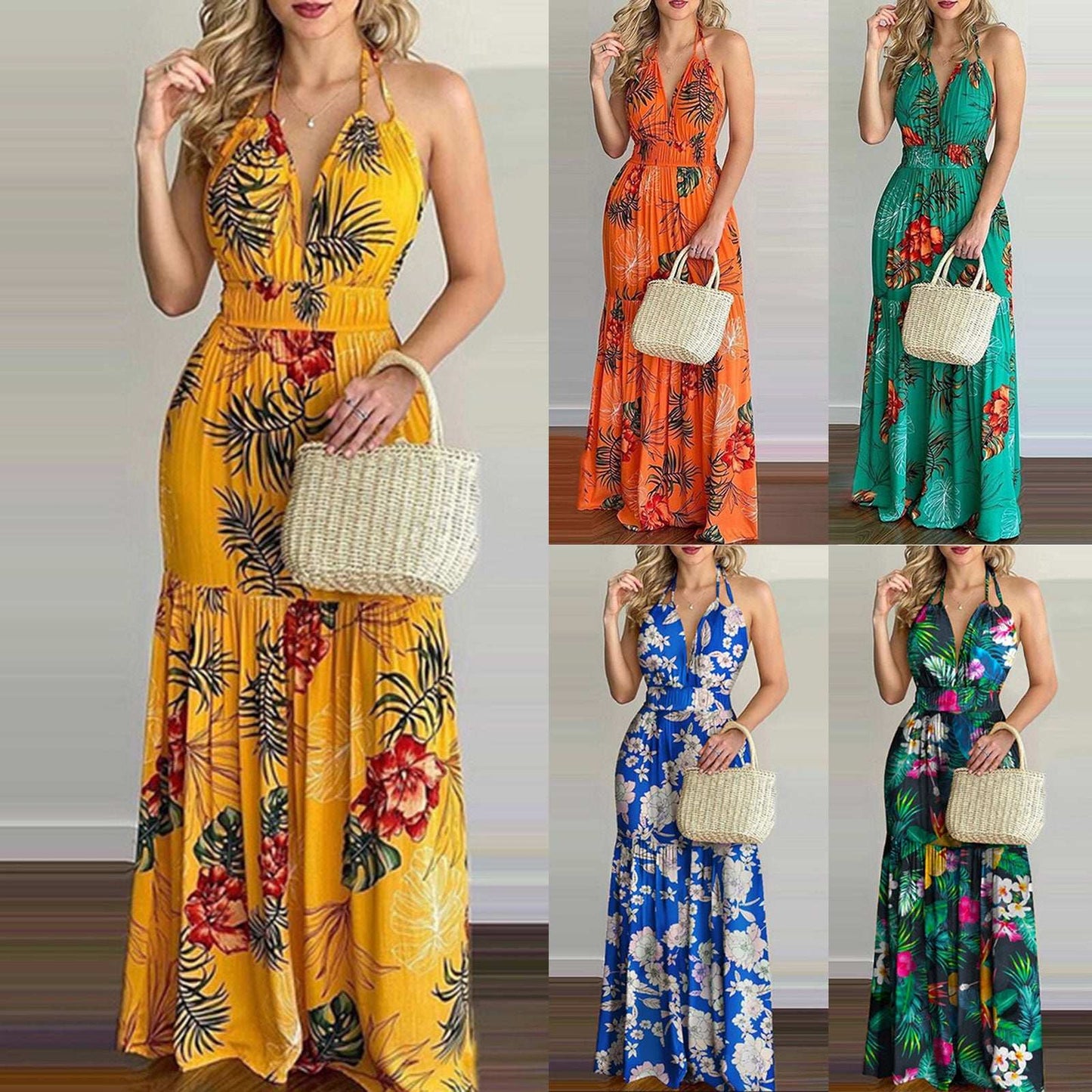 Women Tropical Print Halter Backless Maxi Dress Sexy Sleeveless Deeep V Beach Dress Chic Elegant Ruffles Pleated Dress Vestidos