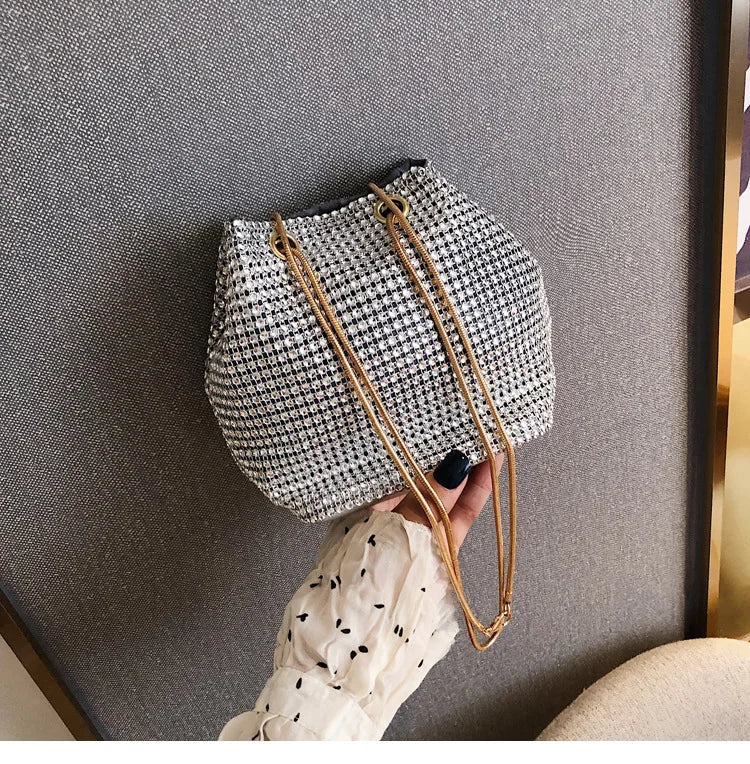 Ladies Rhinestone Bucket Shape Crossbody Bags Evening Party Clutches Storage Totes Shining Shoulder Bag Chain Handbag