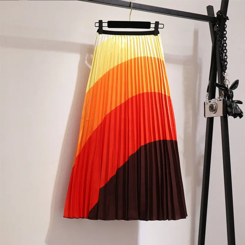 2023 Summer Women Cartoon Print Pleated Skirts A Line High Waisted Elastic Midi Long Skirt Ladies Party Korean Style Dresses