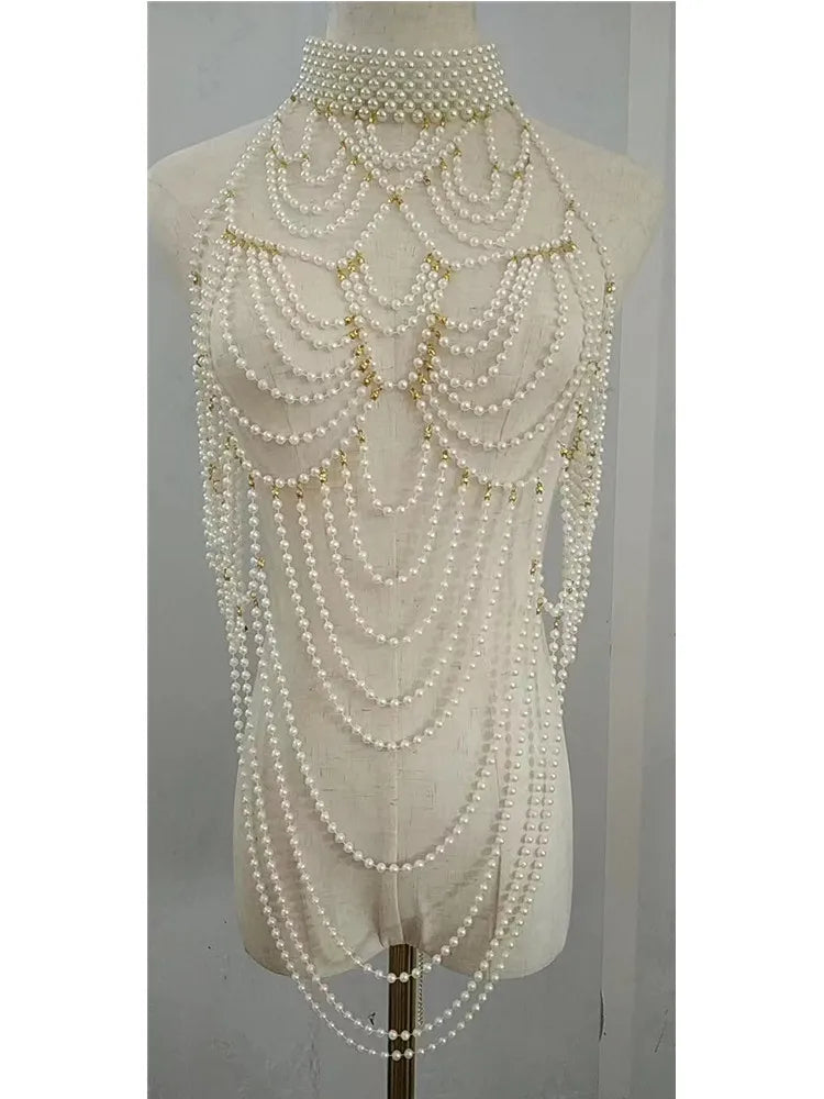 Sexy Accessories Women Bikini Pearl Chest chain Body Chain Jewelry Totally Hand-made Bra Fringed For Beach Nightclub Waist Chain