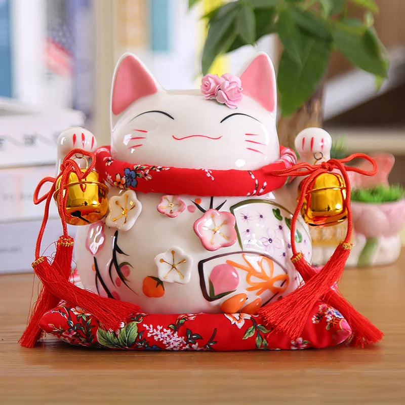 8 inch Japanese Maneki-Neko Ceramic Lucky Cat Fortune Cat Fengshui Statue Porcelain Money Box Home Decor Gift for Business