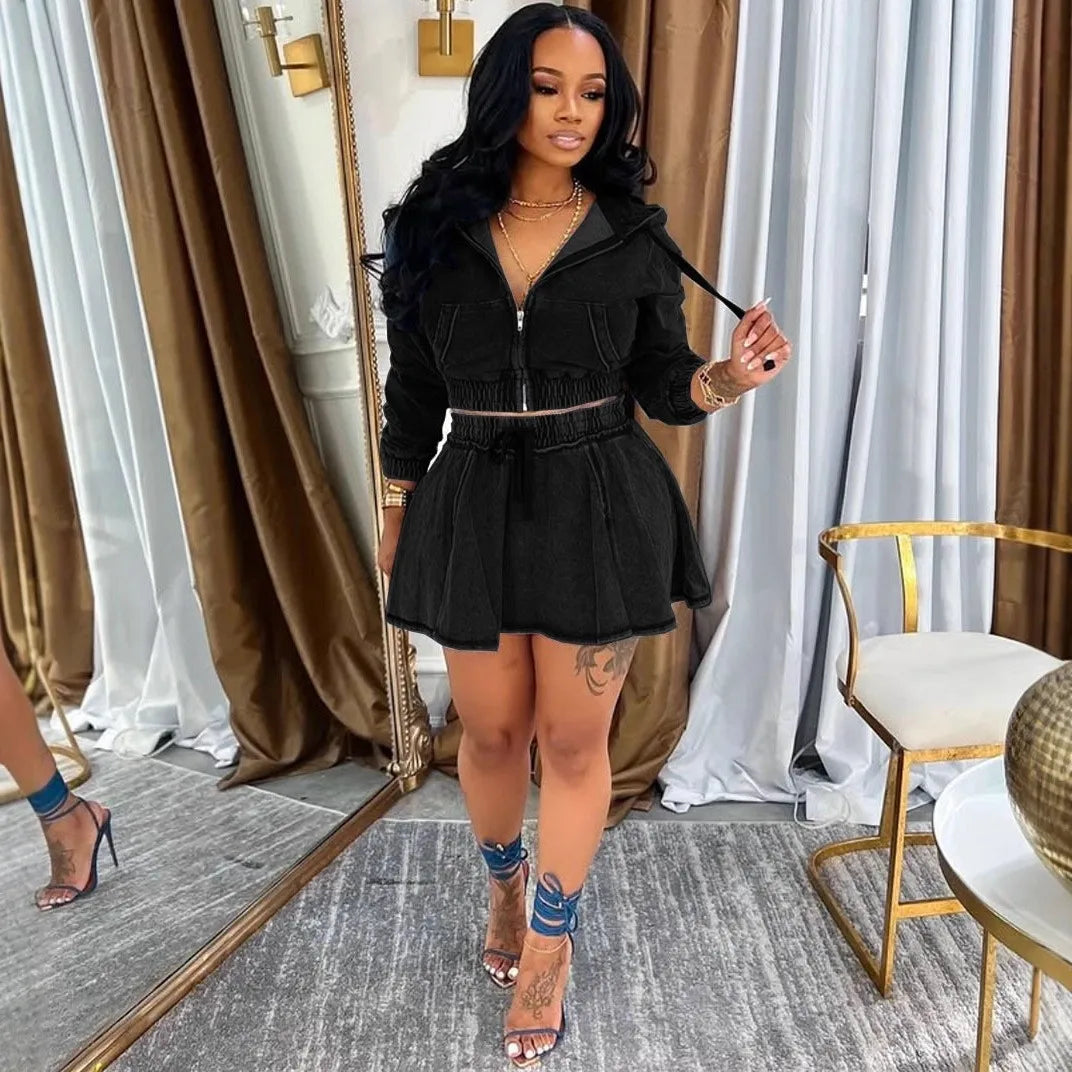 Autumn Women's Clothing Matching Sets Long Sleeve Denim Jacket Short Skirt Polyester Washed Jean 3D Effect Regular Sleeve