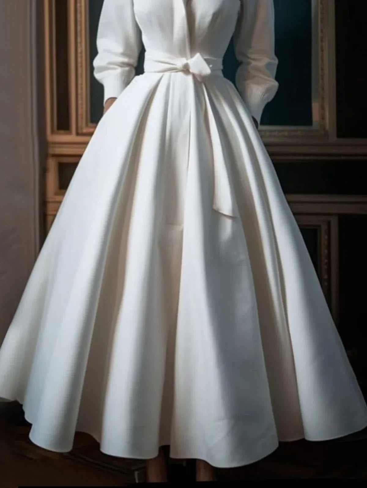 Elegant Women's Solid Color Stand Collar Shirt Dress Casual Mid-Length Waisted Evening Party Dress for Women 2024