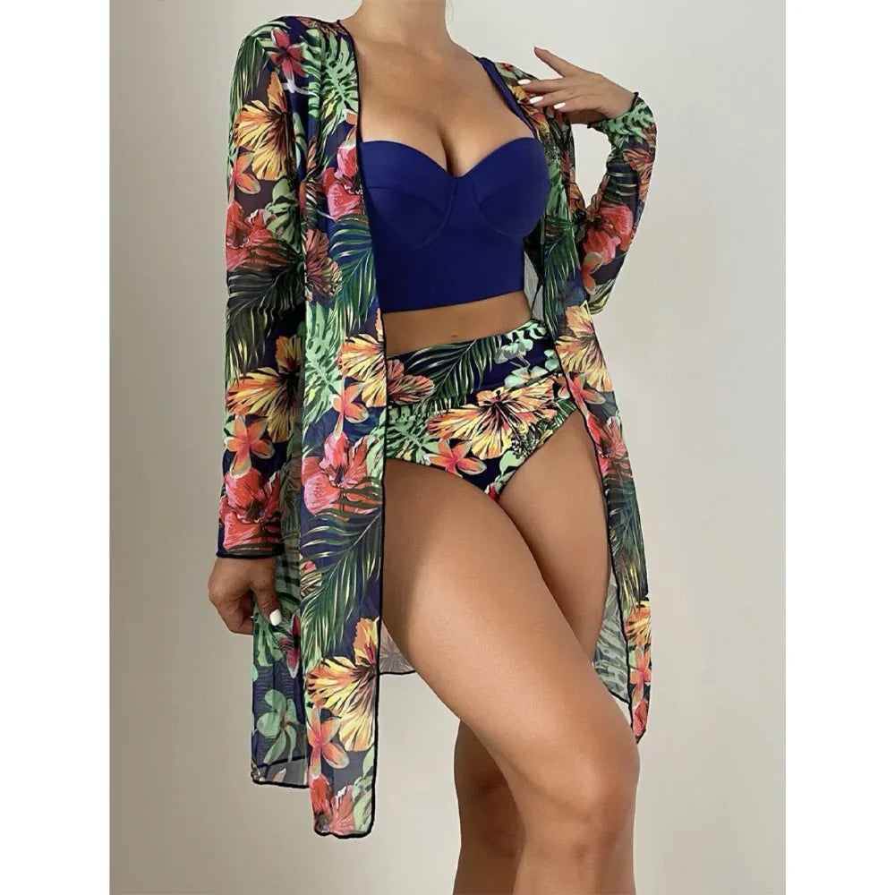 Three Pieces Bikini Set Cover Up Women New Push Up Twist Swimsuit Print Long Sleeve Swimwear Biquini Bathing Suit Summer