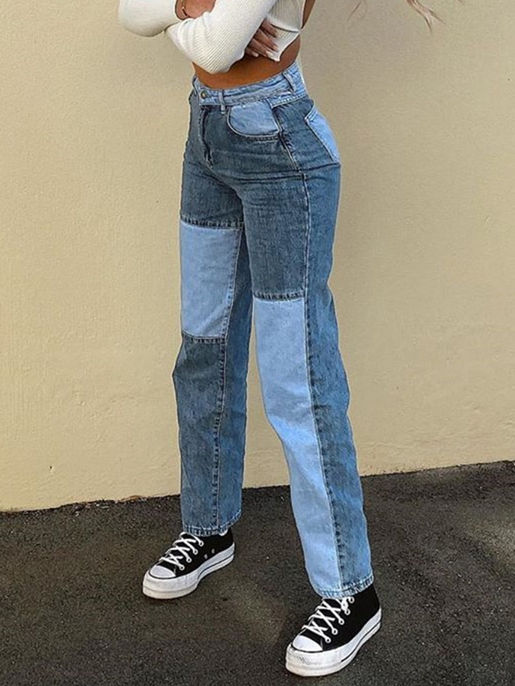 HEYounGIRL Patchwork Casual Blue Straight Long Jeans Pants Women Skinny Slim Elegant High Waist Denim Trousers Ladies Autumn