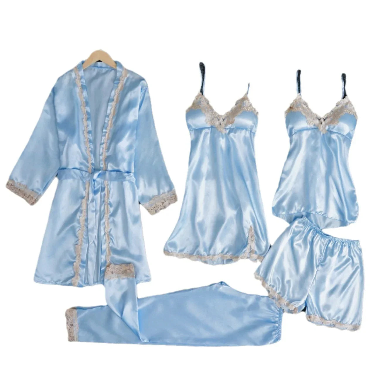 2024 New Style Pajamas Set with Bra Pads, Silk Sexy Strappy Golden Floral Five-Piece Pajamas Thin Homewear