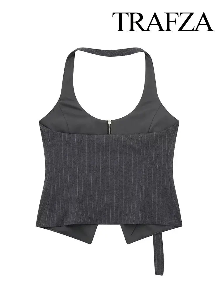 TRAFZA 2023 Summer Camis For Women Fashion Asymmetrical Sheath Short Halter Neck Straps Top Female Wild Hotsweet Women's Tops