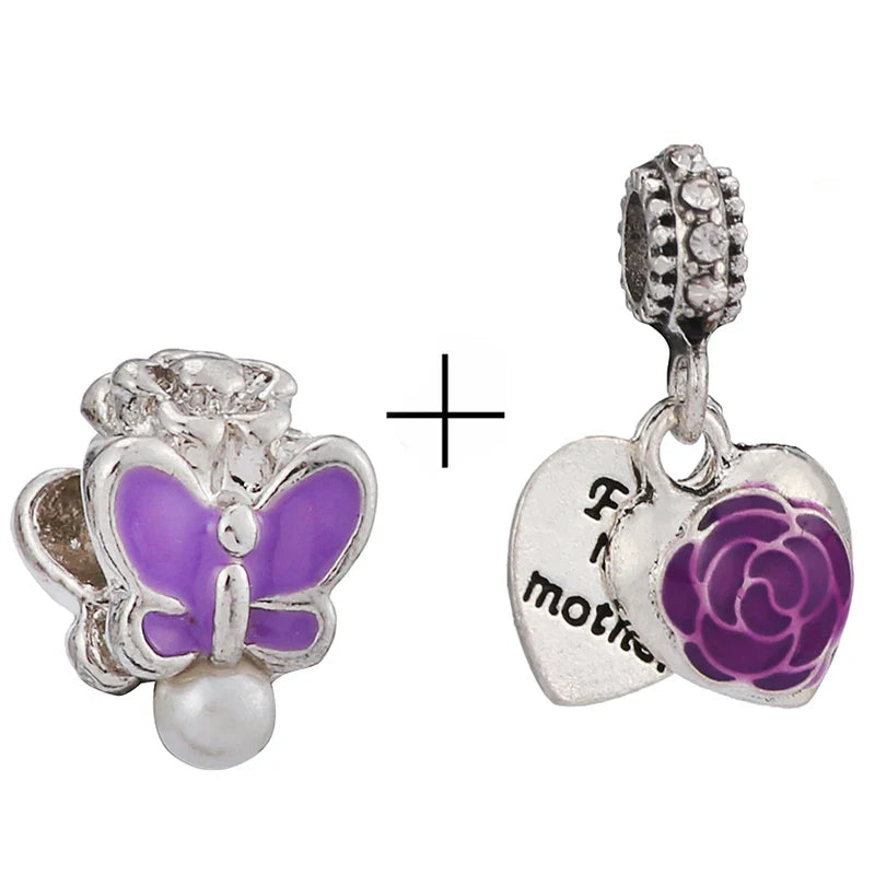 BRACE CODE 2Pcs/Lot Pan Spring New Purple Charm Love Floral Diy Beads Pendant Making Men's Women's Children's Fine Bracelets