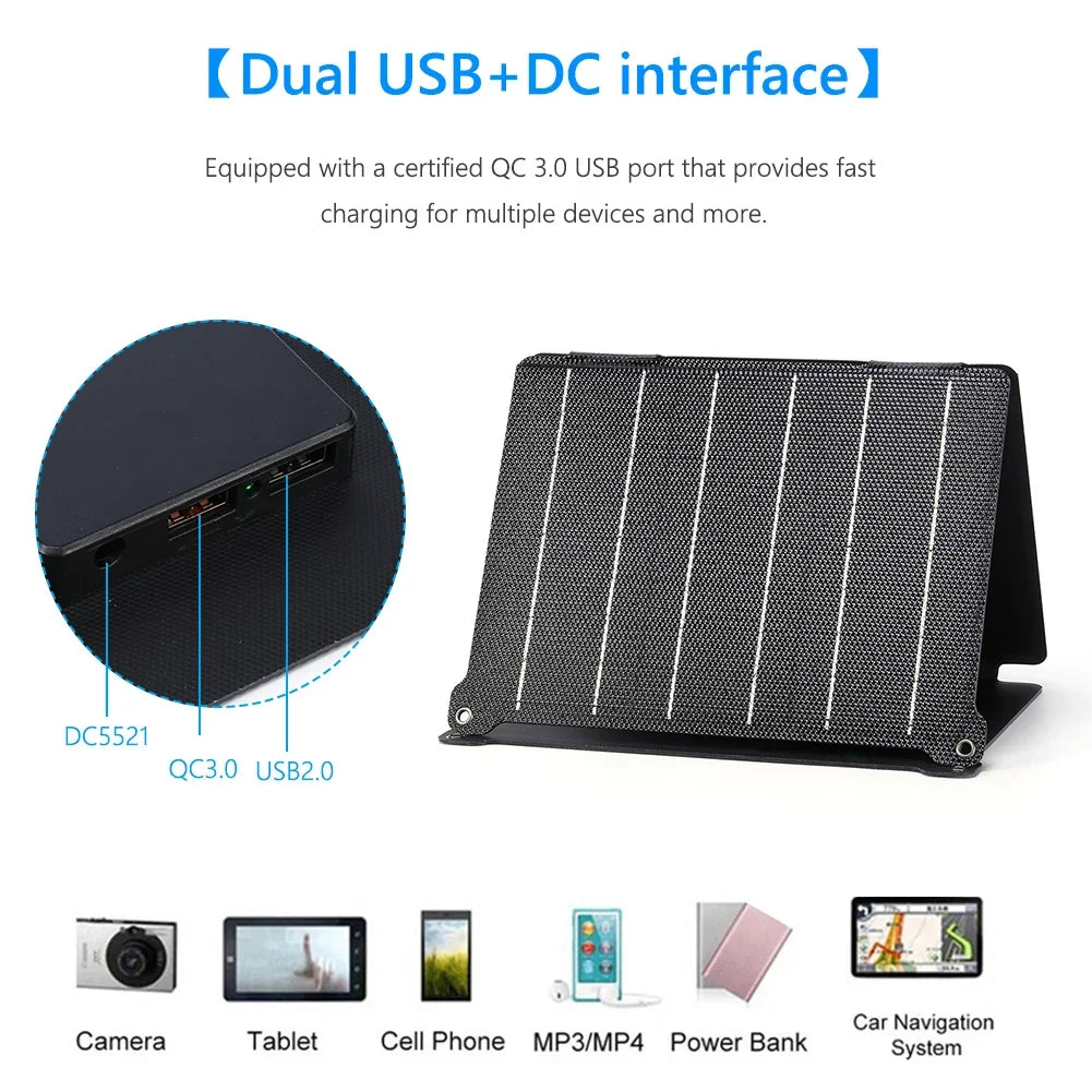 Foldable Solar Panel 5V/12V USB Portable Waterproof Cell Phone Power Pack Outdoor Battery Charger for Hiking Camping 30W