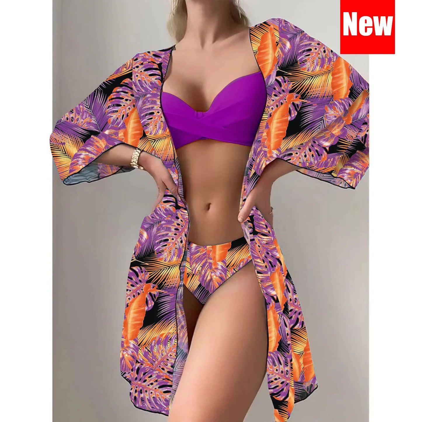 Three Pieces Bikini Set Cover Up Women New Push Up Twist Swimsuit Print Long Sleeve Swimwear Biquini Bathing Suit Summer