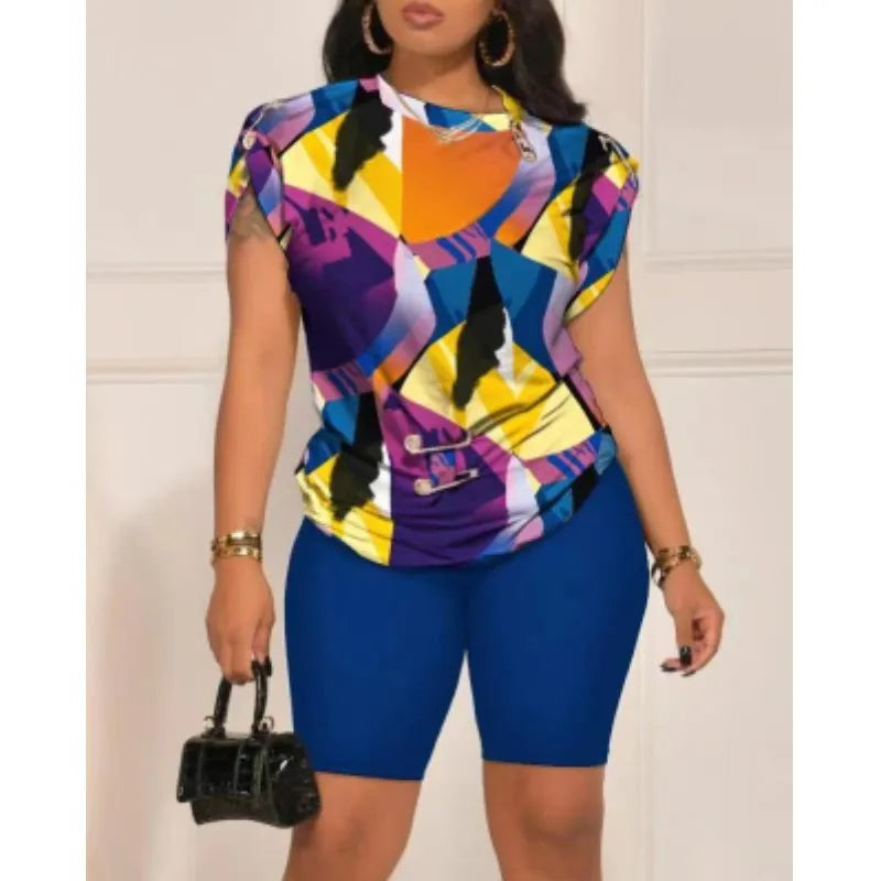 Women's Tops Tees+Shorts Sets Casual 2-piece Combination 2023 Summer Fashion Pin Print T-shirt Shorts  Suit S-XXXL