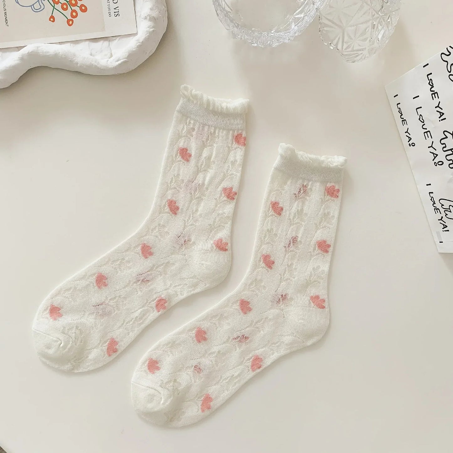 Transparent Crystal Silk Socks Women Fashion Ultra-thin Summer Harajuku Crew Socks Flower Streetwear Elastic Long Mesh Socks