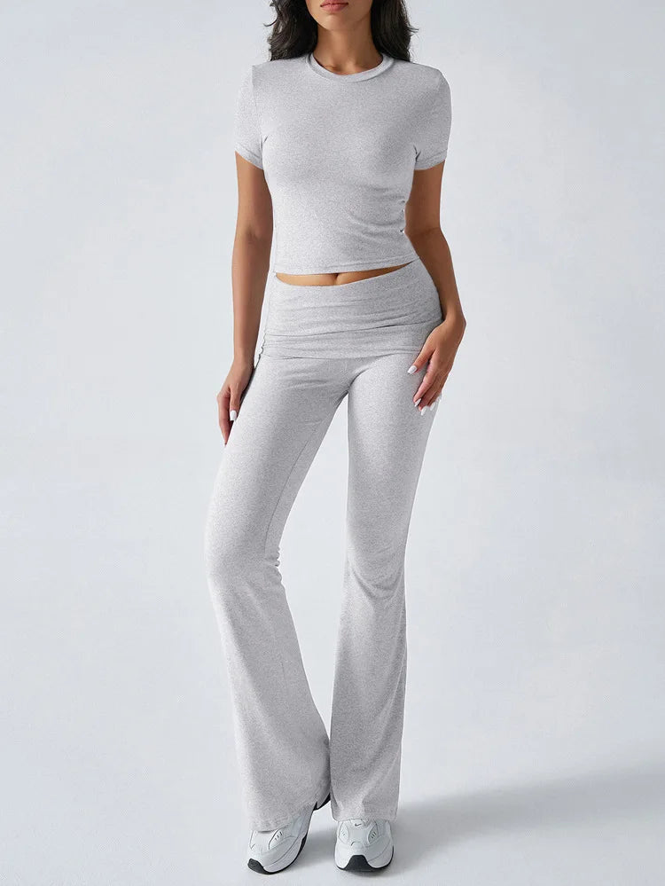 Women Casual Bodycon Two Pieces Set Short Sleeve Crop Top Slim High Waist Running Tracksuit Suit Summer Pants Outfit 2PCS