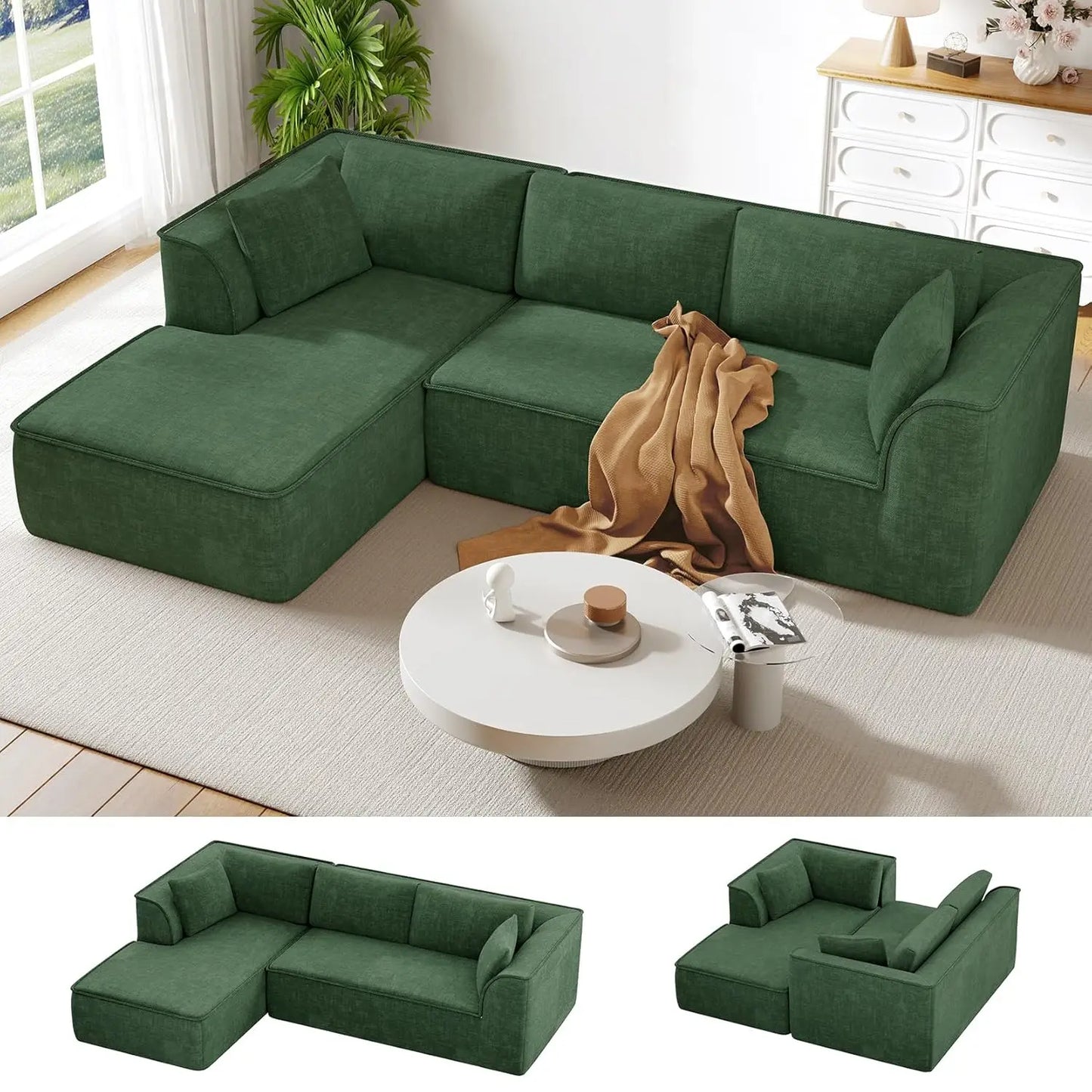 Boneless Couch with Chaise, Deep Seat Comfy Cloud Modular Sofa Corduroy Memory Foam Sectional Couches ,Customized