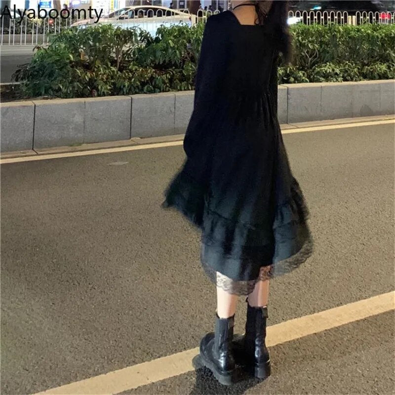 New Gothic Women Black Fairy Dress Cross Square Collar Lolita Princess Irregular Dress Cute Kawaii Lace Ruffles Chic Dress
