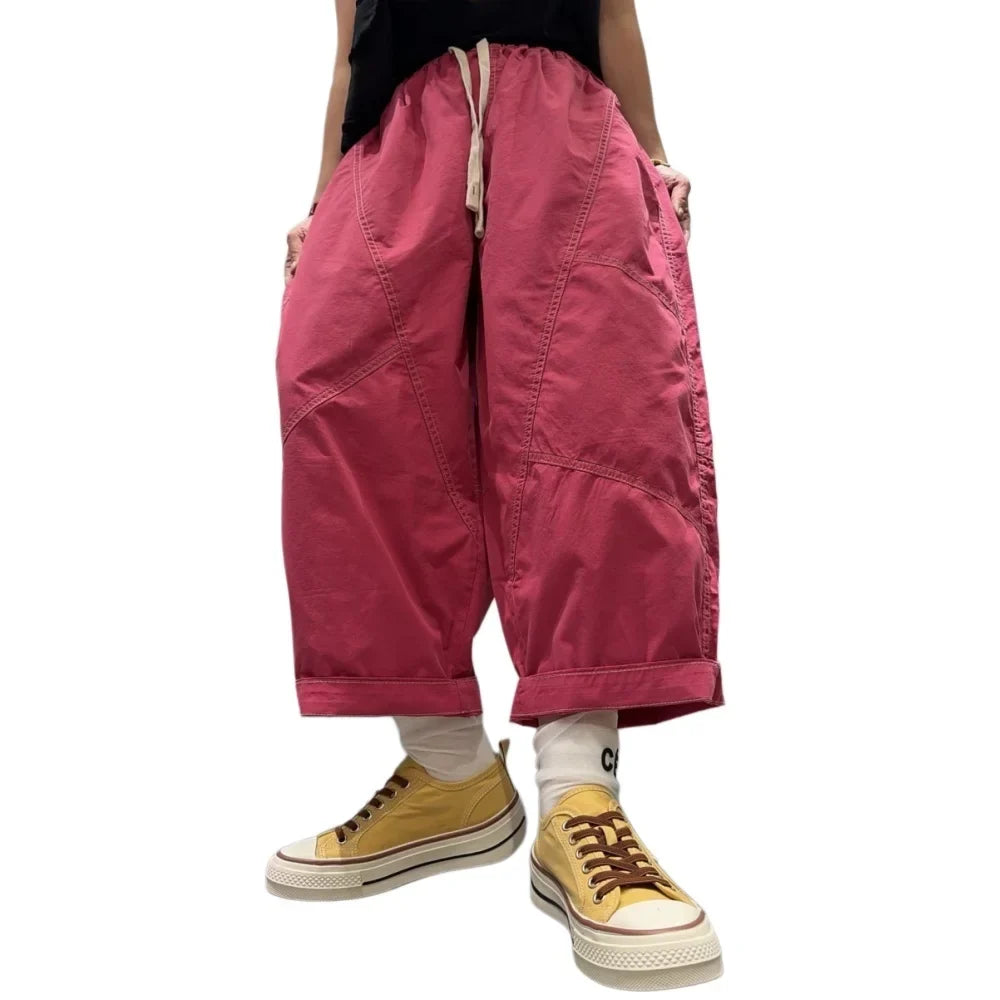 Patchwork Denim Washed Cotton Casual Pants Women Plus Size Loose Cropped Pants 2026 Spring Summer Denim Jeans JLJ522
