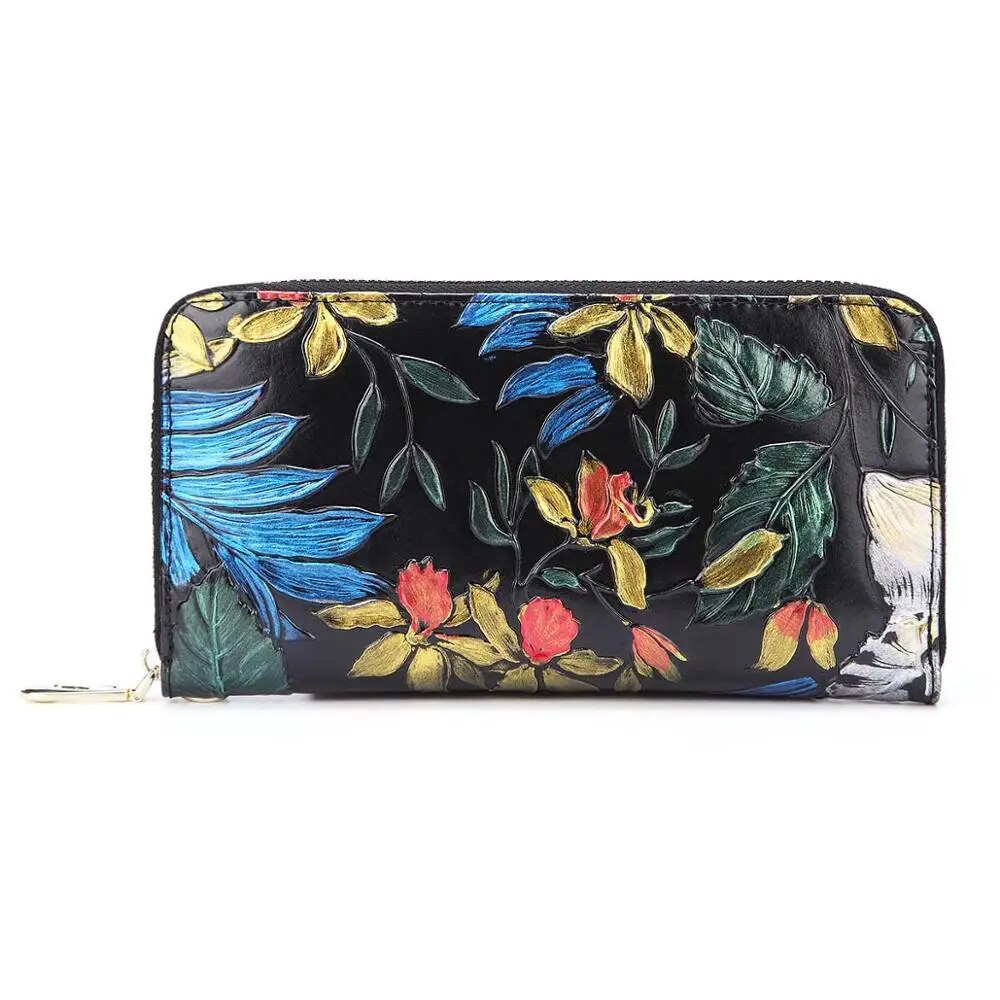 Women Genuine Leather Long Purse Wrist Clutch Bags Cowhide Floral Pattern Retro Coin Cash ID Card Holder Money Handy Bag Wallet