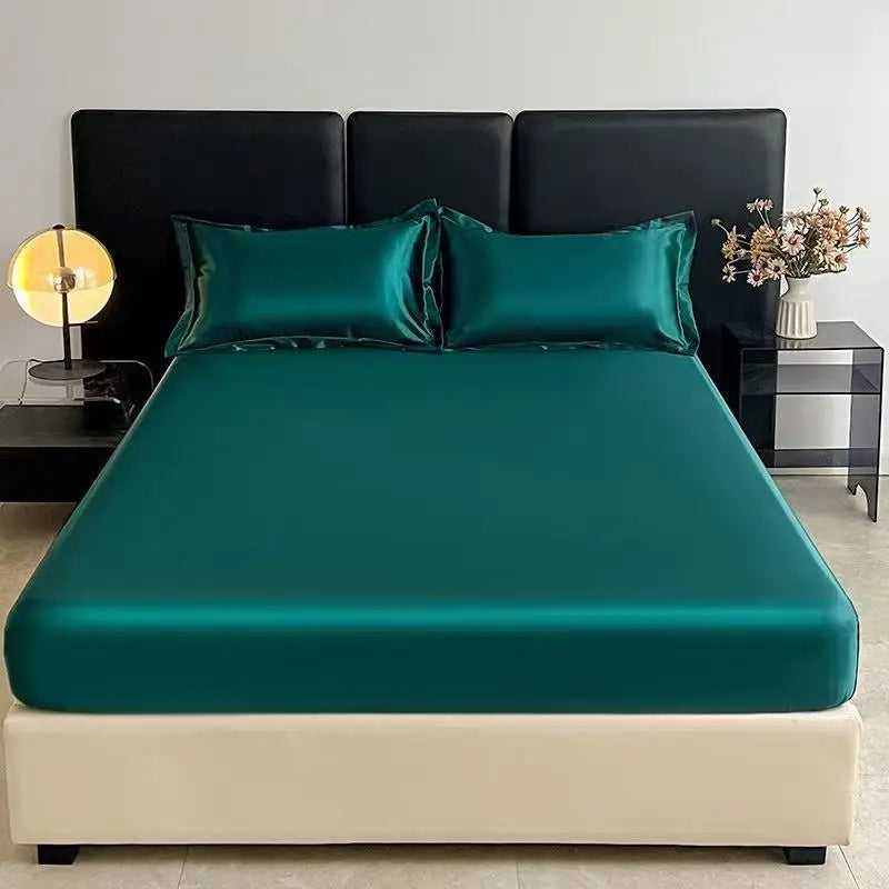Summer Ice Silk Satin Fitted Sheet Solid Deep Pocket Mattress Cover Ultra Soft Wrinkle Resistant Bed Cover No Pillowcase For Sin