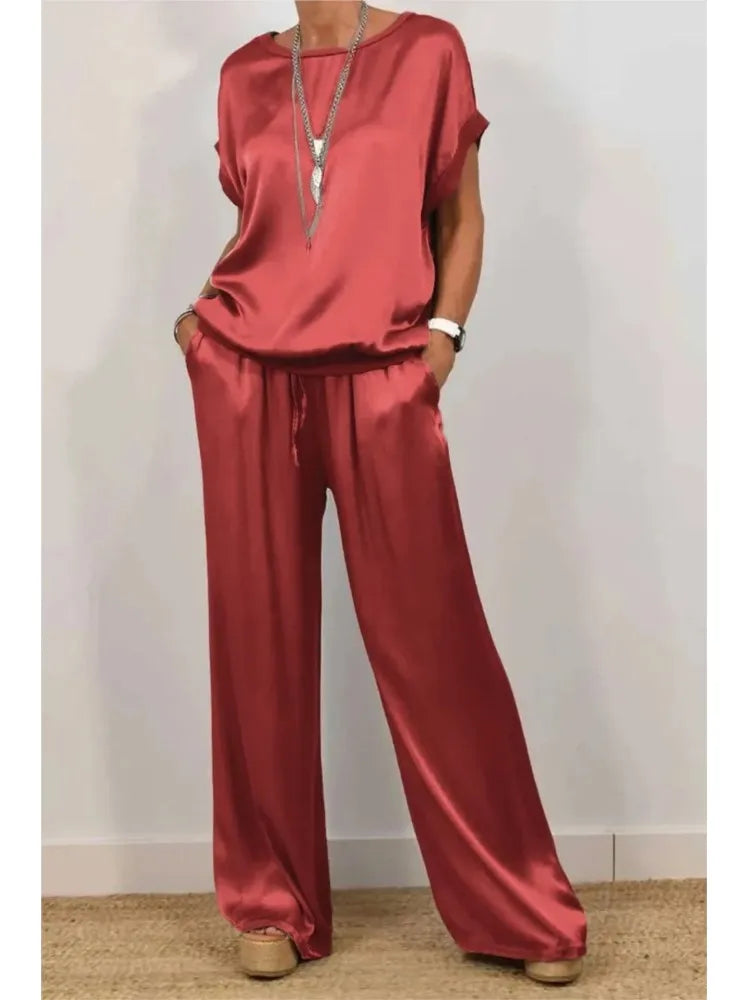 2-piece Set Fashion Satin O Neck T-shirt Top Trousers Summer Retro Elegant Casual Loose Wide-leg Pants Female Home Clothing Suit