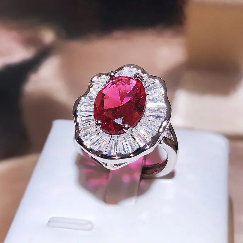 New Statement Bridal Big Round Colorful CZ Finger Silver Color Stamp Rings Champagne Cubic Zircon Jewelry for Women Party Gift