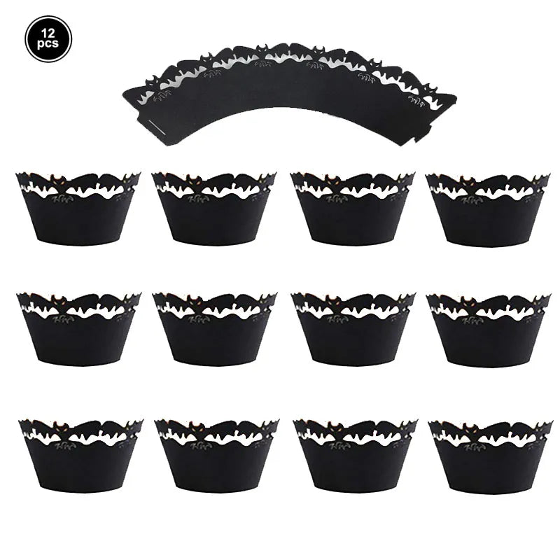 12pcs Halloween Black Bat Cupcake Wrappers Cupcake Liners Ghost Halloween Cupcake Decorations Halloween Themed Party Supplies