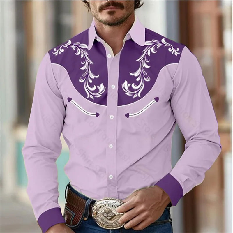 Floral Retro Western Men Shirt Outdoor, Street Casual Long Sleeve S-5XL Shirt.