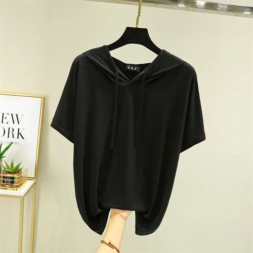 Thin T-shirts Women Hooded Fashion Loose Casual All-match Korean Style Solid Simple Y2k Aesthetic Футболка Женский Cozy Chic New