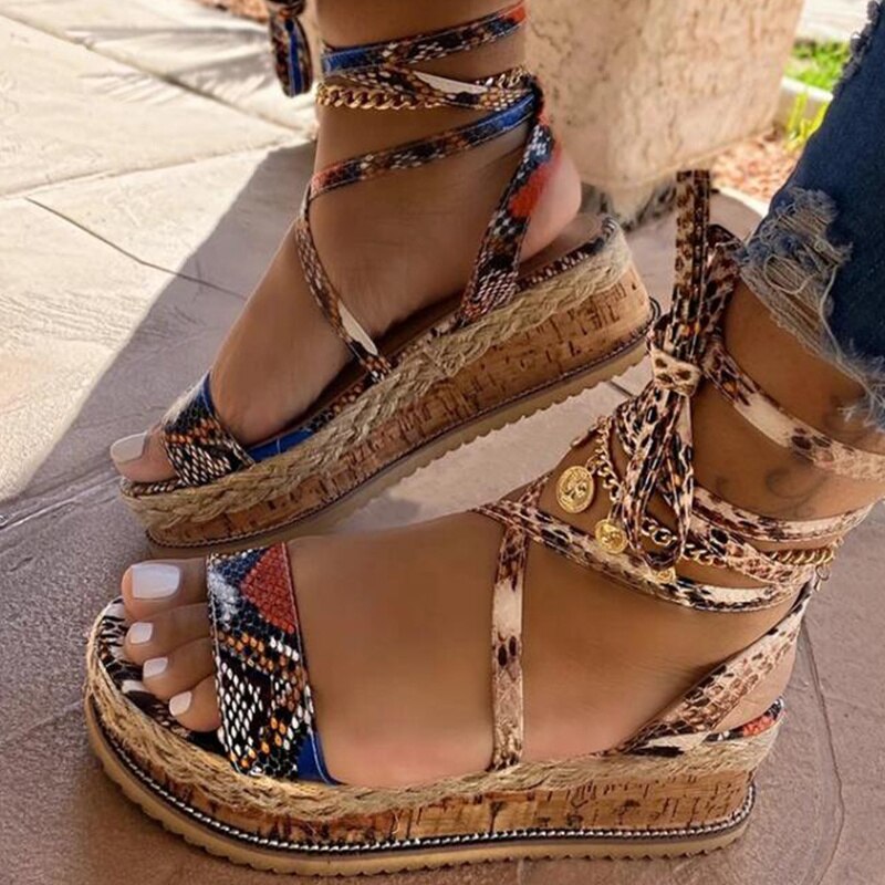Women's Roman Sandals Leopard Print Ethnic Fashion Print Platform Cross-Tie Open Toe Beach Shoes Casual Wedge Heels Plus Size 43