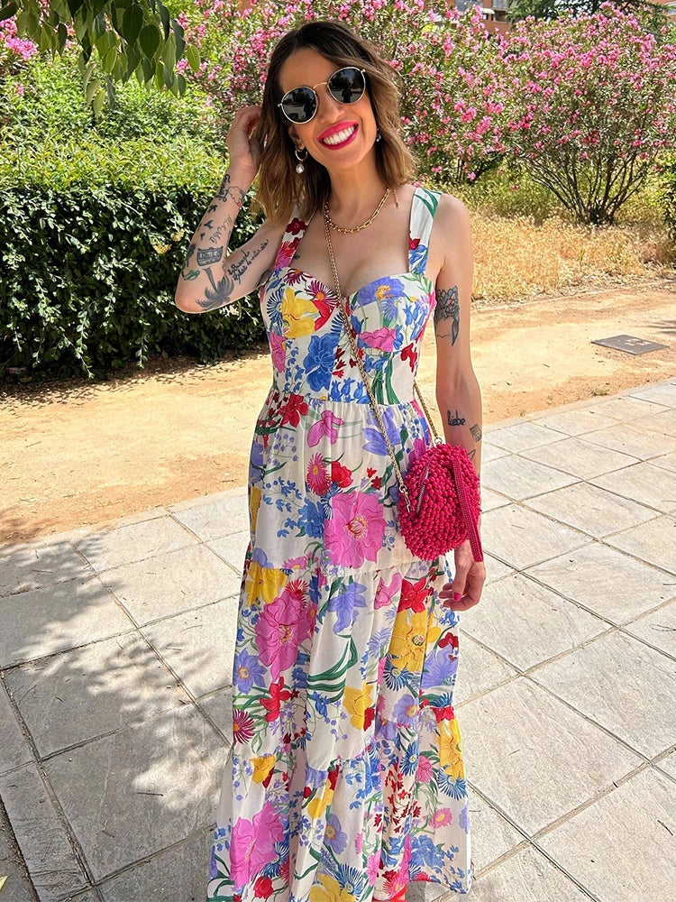 Fashion Flower Slip Midi Dress For Women Summer Backless Sleeveless Holiday Beach Dress Lady Elegant Sweetheart Collar Partywear