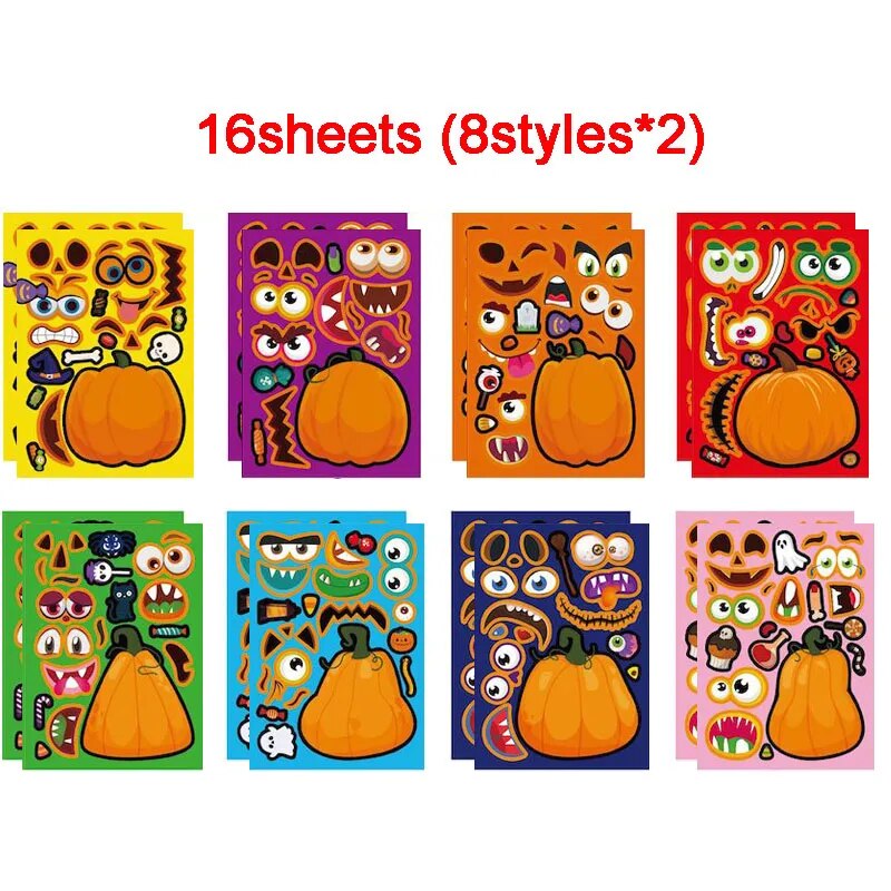 Halloween Party Favors Stickers for Kids 6-24sheets DIY Ghost Witch Mummy Make A Face Stickers Children Toddles Puzzle Jigsaw