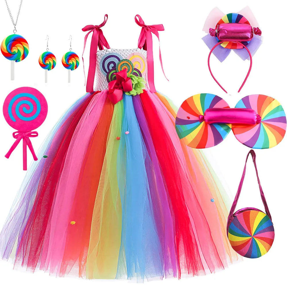 Delicate Princess Lollipop Fairy Costume Girls Halloween Candy Role Play Dress up Kid Carnival Purim Party Cute Vestidos Rainbow