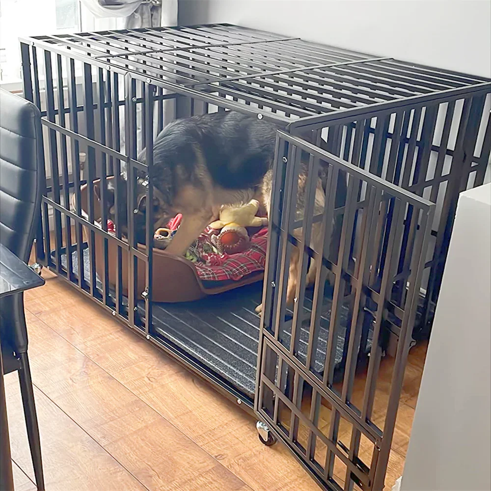 XXL Large Heavy Duty Dog Crate Strong Pet Cage Tear Resistant Square Tube Metal Kennel Playpen with Lockable Wheels and Tray