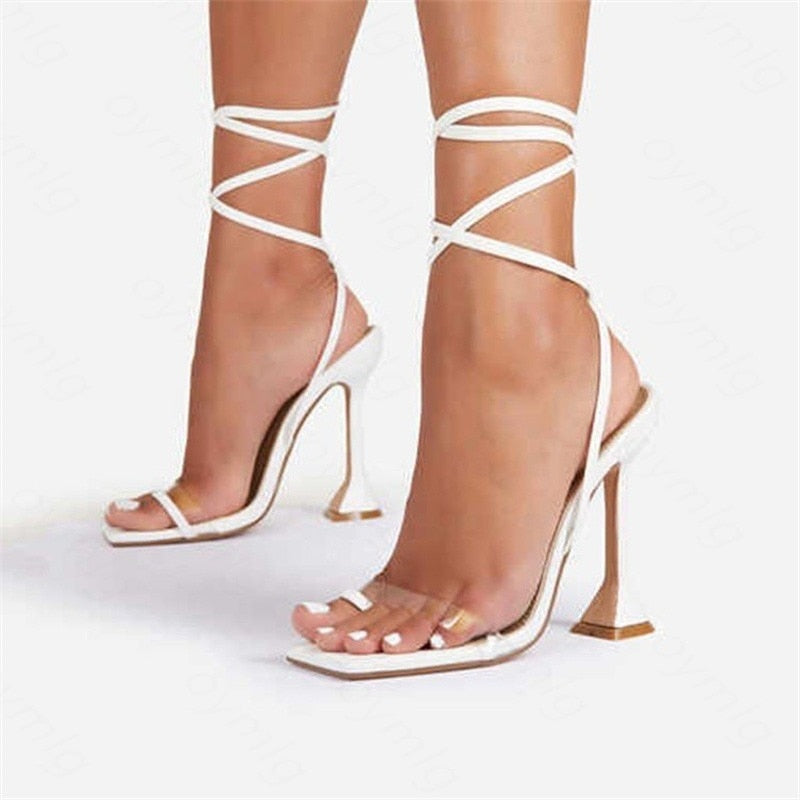 Sexy Women's Pumps 2022 Summer New Transparent Fashion Cross-Tie Open Toe Fish Mouth Shoes Casual Square Heel Banquet High Heels