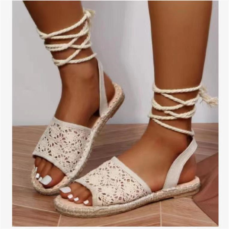Roman Sandals Women's 2022 Summer New Flat Open Toe Braided Narrow Band Gladiator Design Shoes Fashion Cross-Tie Women's Sandals