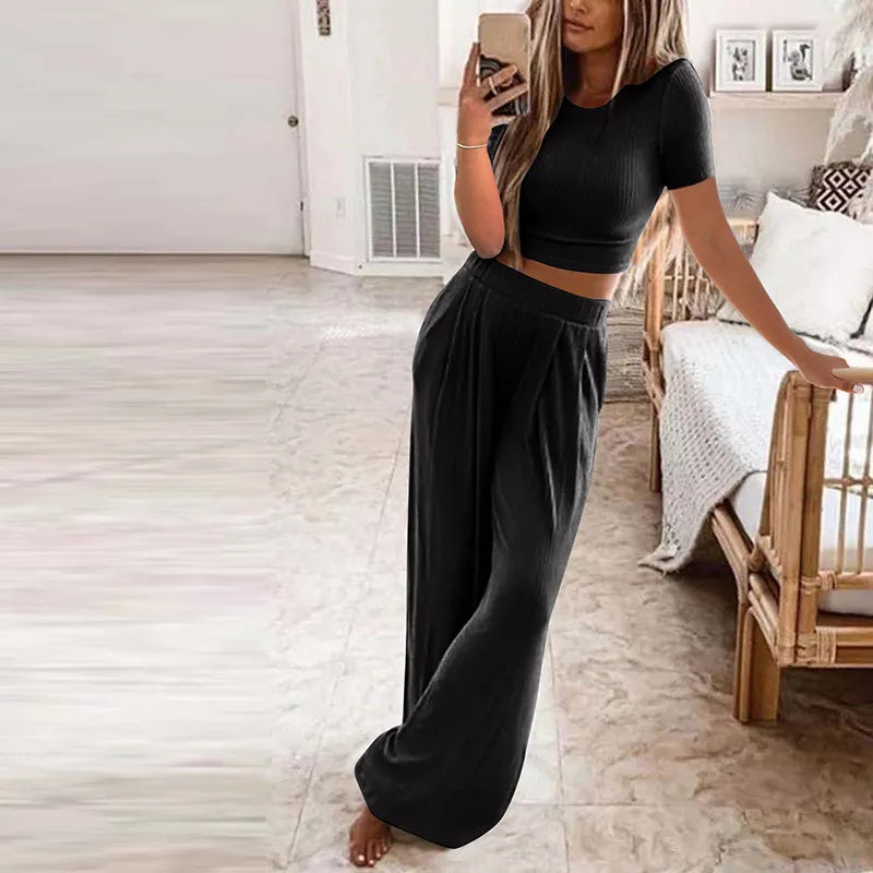 Autumn Women's Solid Knitted Casual Home Wear Slim Tops Two-Piece Wide Leg Pants Set Ladies Clothes Winter Fashion Commuter Suit